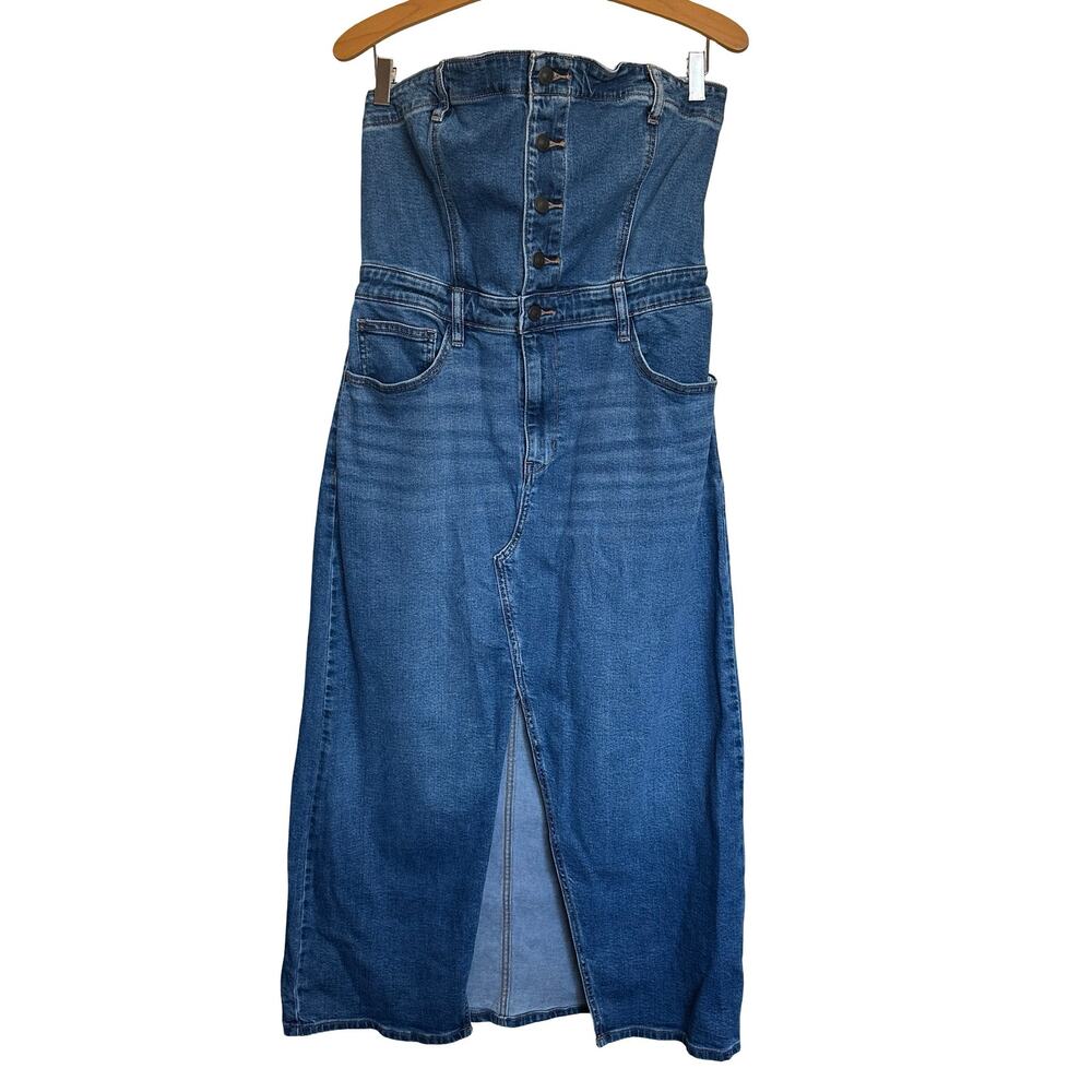 Strapless Blue Denim Midi Dress with Front Slit